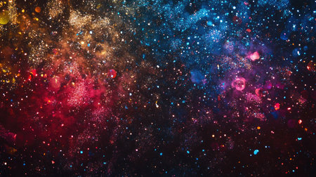 A glittery abstract background with vibrant fireworks, representing the excitement of both Christmas Eve and th of July holidays, with room for festive messaging.の素材