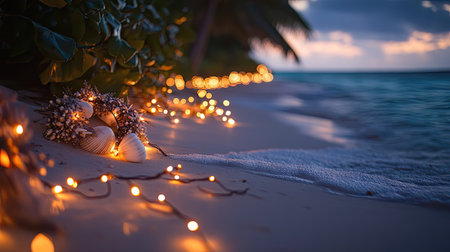 A holiday photo capturing the spirit of Christmas on a Maldives island, with seashell wreaths, fairy lights, and the tropical shoreline.の素材
