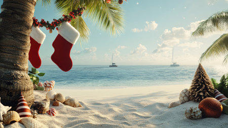 A holiday setup with Christmas stockings hanging on a palm tree, surrounded by sand, seashells, and the peaceful Maldivian ocean.の素材