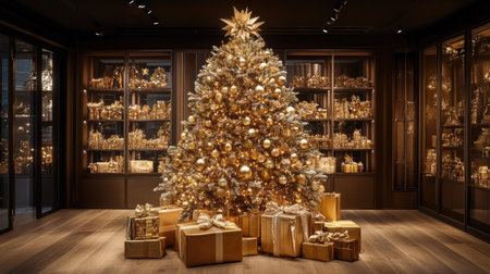 A golden-themed Christmas tree with matching ornaments and ribbon, surrounded by neatly arranged presents under the sparkling lights.の素材