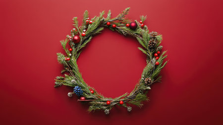 A festive round frame of fir branches and colorful holiday decorations on a red backdrop, perfect for creating personalized Christmas cards or festive messages.の素材