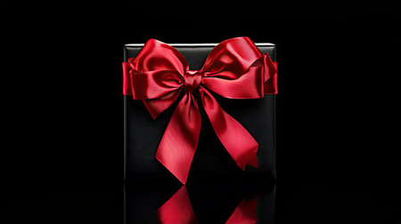 A glamorous black gift box with a striking red bow, positioned on a reflective dark surface, evoking sophistication and festivity.の素材