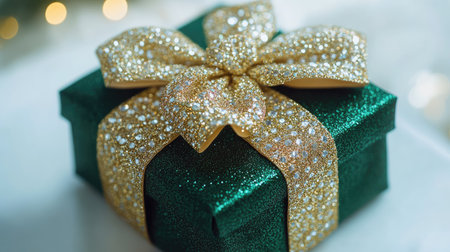A holiday-themed green present adorned with a sparkling gold bow and ribbon, isolated on a crisp white backdrop.の素材