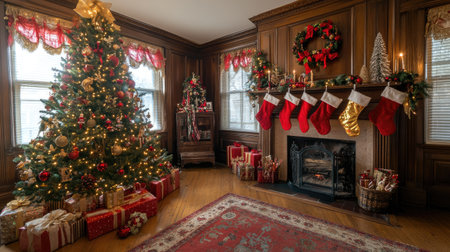 A joyful holiday scene with a decorated Christmas tree, presents wrapped in red and gold, and a cozy fireplace with stockings hanging on the mantle.の素材