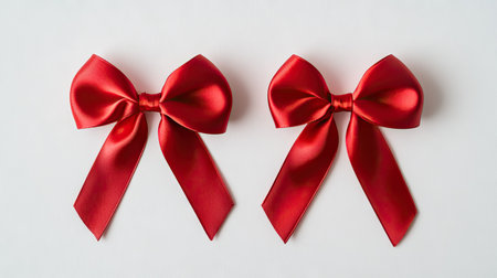 A minimalist top-down photo of two red satin ribbons arranged side by side on a white surface, perfect for adding a festive touch to any design.の素材