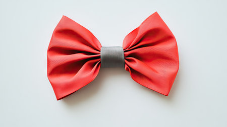 A minimalistic composition featuring a bright red satin ribbon holiday bow with four loops and a gray sheen, isolated on white.の素材