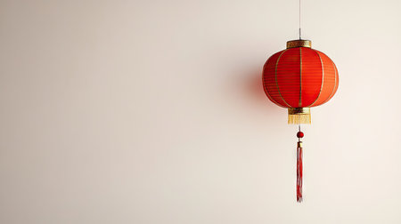 A minimalist Chinese New Year decoration featuring a single red lantern on a plain white background, symbolizing simplicity and elegance.の素材