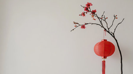 A minimalist Chinese New Year decoration with a red lantern and a single flower placed against a solid white background, creating a tranquil vibe.の素材