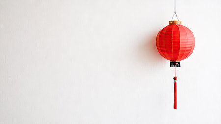 A minimalist Chinese New Year decoration featuring a single red lantern on a plain white background, symbolizing simplicity and elegance.の素材
