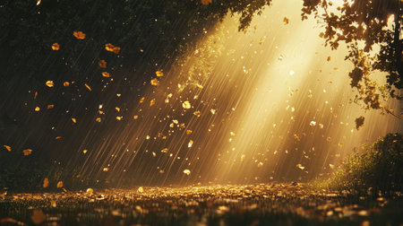 A moment of nature's beauty with rain pouring from the sky while rays of sunlight break through the clouds, creating a peaceful yet dramatic effect.の素材