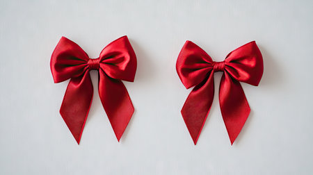 A minimalist top-down photo of two red satin ribbons arranged side by side on a white surface, perfect for adding a festive touch to any design.の素材