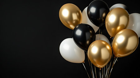 A mix of black, gold, and white balloons against a black backdrop, ideal for creating a festive and stylish atmosphere for Black Friday events.の素材