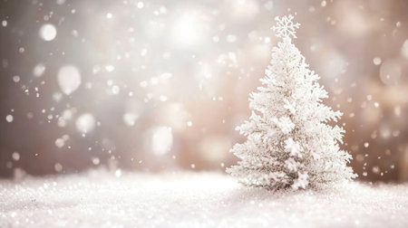 A peaceful and elegant Christmas card featuring a white Christmas tree with snowflakes, set against a softly blurred background for a festive effect.の素材