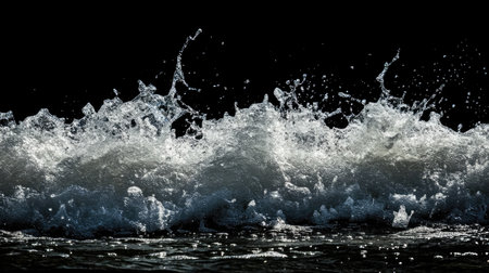A powerful water splash against a dark background, creating a clean and refreshing abstract composition with dynamic motionの素材