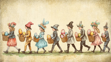 A hand-drawn illustration of a traditional Easter parade, with people wearing Easter bonnets and carrying baskets of hand-painted eggs, set against a vintage-style backgroundの素材