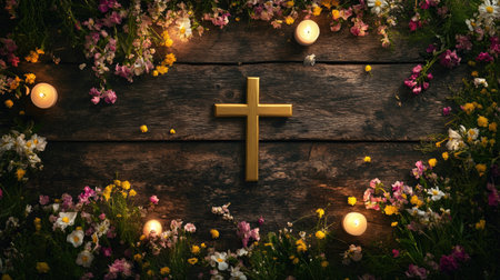 A golden cross on a rustic wooden table surrounded by blooming spring flowers and lit candles, symbolizing Easter's resurrectionの素材