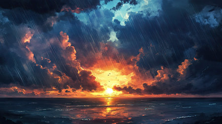 A rainy sky with the sun breaking through the clouds, casting rays of light across the horizon, creating a natural, awe-inspiring scene.の素材