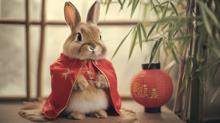 A fluffy rabbit in a cute Chinese New Year costume, complete with a red cloak and lanterns, posing next to a bamboo plant.の素材