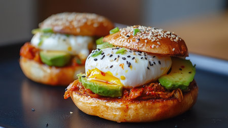 A fusion Easter breakfast featuring poached eggs on a toasted brioche bun with avocado, kimchi, and a sprinkle of sesame seeds for a spicy twistの素材
