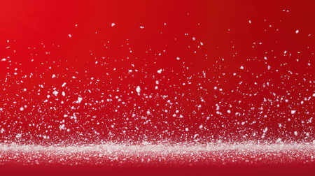 A red holiday background with falling snowflakes, creating a magical winter atmosphere ideal for seasonal promotions or Christmas greeting cards.の素材
