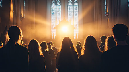 A group of people singing hymns during Easter Sunday service, with a choir leader at the front and soft light filtering through tall church windows.の素材