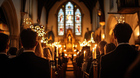 A heritage Easter service at a vintage church, with stained glass windows and candles lit in celebration, casting soft light over the congregationの素材