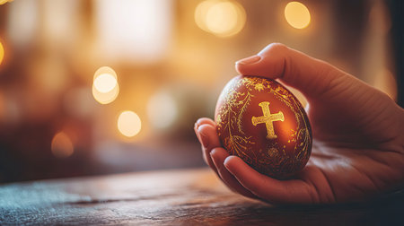 A hand gently holding an Easter egg with a gold cross on it, sitting on a wooden table with a warm, festive atmosphereの素材