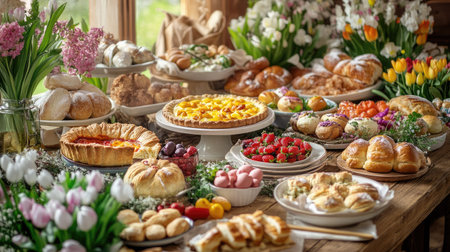 A heritage Easter feast spread across a long wooden table, featuring homemade pies, breads, and dishes made with family recipes, surrounded by fresh spring flowersの素材