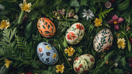A flat lay of hand-painted Easter eggs placed on a bed of freshly picked spring flowers and greenery.の素材