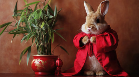 A fluffy rabbit in a cute Chinese New Year costume, complete with a red cloak and lanterns, posing next to a bamboo plant.の素材