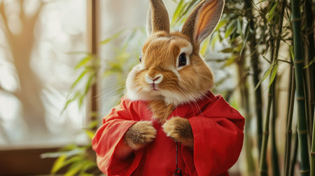 A fluffy rabbit in a cute Chinese New Year costume, complete with a red cloak and lanterns, posing next to a bamboo plant.の素材
