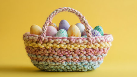 A handwoven basket filled with colorful Easter eggs, displayed on a bright yellow surface, showcasing the beauty of pastel hues and soft spring colorsの素材