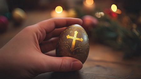 A hand gently holding an Easter egg with a gold cross on it, sitting on a wooden table with a warm, festive atmosphereの素材
