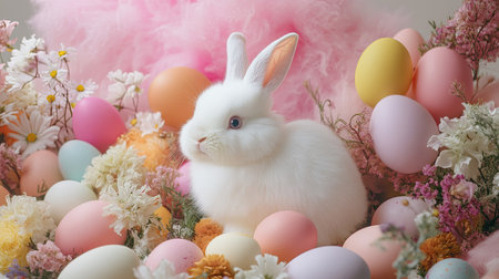 A fluffy white Easter bunny sitting among colorful Easter eggs and soft spring flowers, creating a picture-perfect holiday scene.の素材