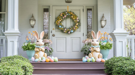A front porch adorned with a spring wreath, Easter egg garlands, and a pair of decorative bunny statues, welcoming guests for the holiday.の素材