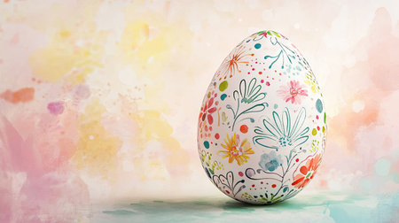 A hand-drawn Easter egg design featuring detailed patterns like florals, swirls, and dots, with a light watercolor wash in the background to complement the delicate illustrationの素材