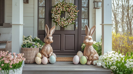 A front porch adorned with a spring wreath, Easter egg garlands, and a pair of decorative bunny statues, welcoming guests for the holiday.の素材