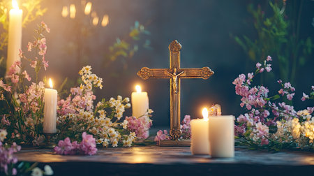 A golden cross on a rustic wooden table surrounded by blooming spring flowers and lit candles, symbolizing Easter's resurrectionの素材