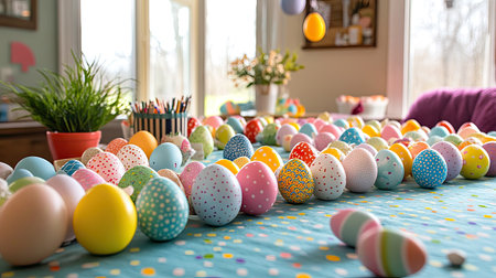 A large Easter craft project in progress, with a DIY Easter egg garland being assembled on a table, surrounded by colorful supplies and holiday decorations.の素材