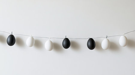 A monochrome Easter egg garland strung across a clean white wall, with alternating black and white eggs hanging delicately, creating a subtle modern holiday atmosphereの素材