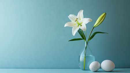 A minimalist Easter centerpiece with a single white lily in a clear glass vase and a couple of delicate eggs placed neatly beside itの素材