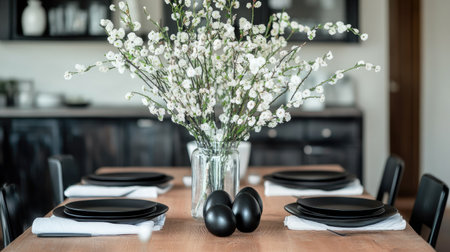 A monochrome Easter table setting with black plates, white napkins, and black ceramic eggs, paired with simple white flowers in a glass vase as a centerpieceの素材