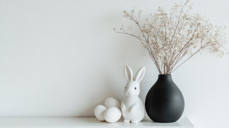 A minimalist Easter vignette featuring black and white decorations like a bunny figurine, white eggs, and a small black vase with dried plants on a white tableの素材