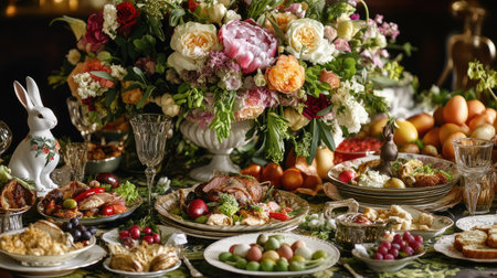 A lively Easter dinner with a beautifully set table, complete with floral centerpieces, bunny figurines, and an array of delicious dishes.の素材