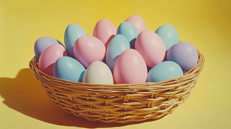 A large basket of Easter eggs in pastel hues of pink, blue, and lavender, set against a cheerful yellow background, with soft shadows and highlights on the eggsの素材