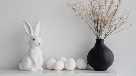 A minimalist Easter vignette featuring black and white decorations like a bunny figurine, white eggs, and a small black vase with dried plants on a white tableの素材