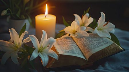 A peaceful scene of a Bible open to the resurrection story, surrounded by white lilies and a glowing candleの素材