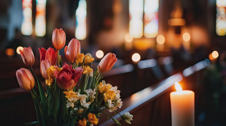 A peaceful Easter Sunday service at a church, with a congregation seated in rows, and a beautifully decorated altar featuring flowers and candles.の素材