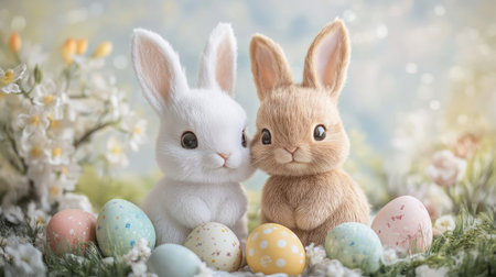 A pair of adorable Easter bunnies, one white and one brown, surrounded by colorful Easter eggs and soft pastel spring decor.の素材