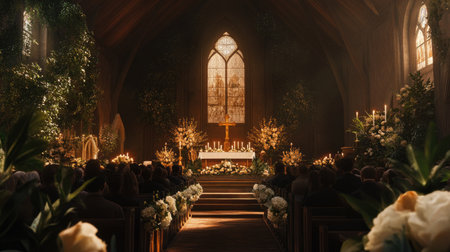 A peaceful Easter Sunday service at a church, with a congregation seated in rows, and a beautifully decorated altar featuring flowers and candles.の素材